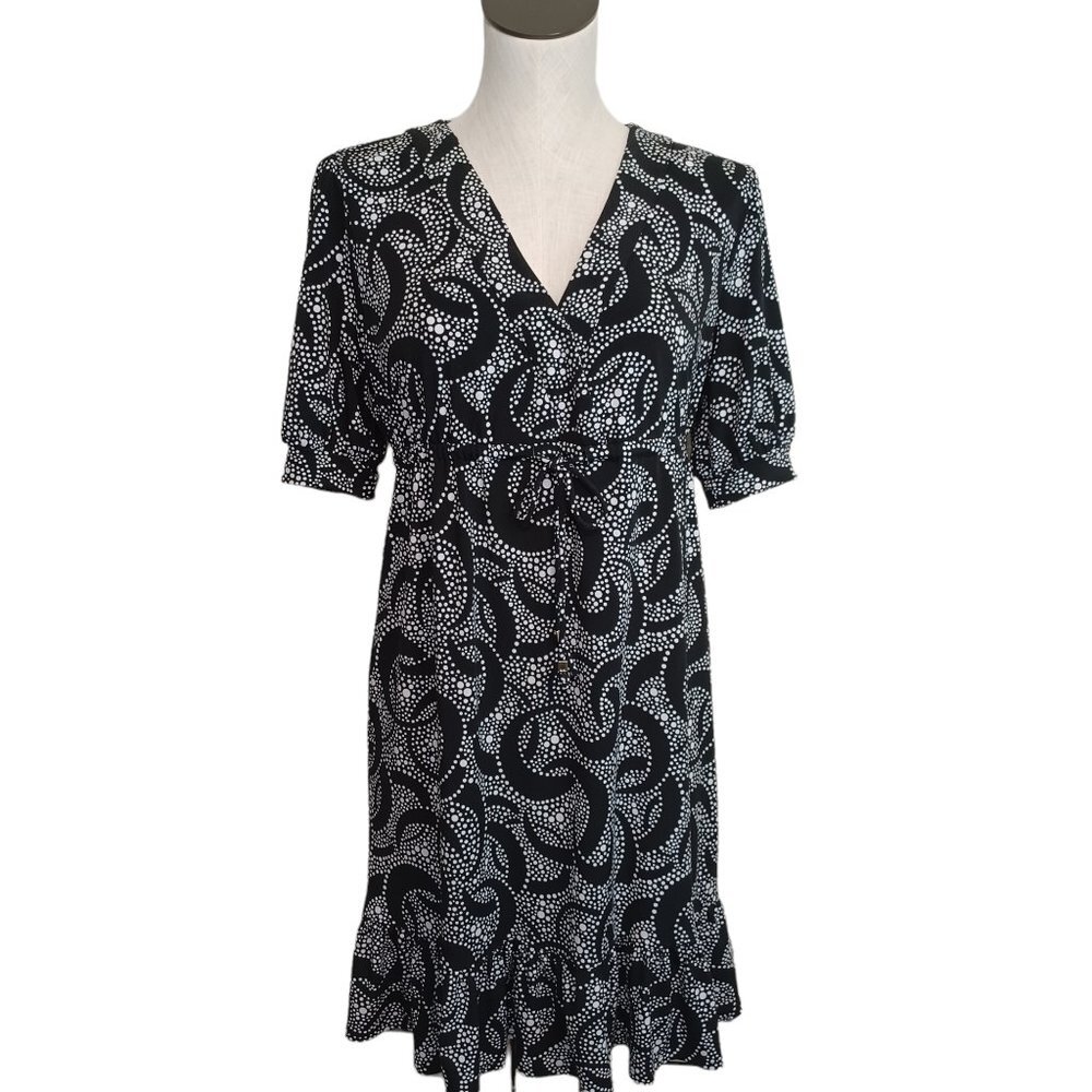 Michael Kors Black White Abstract Dot Swirl Empire Waist Ruffle Hem V-Neck Dress